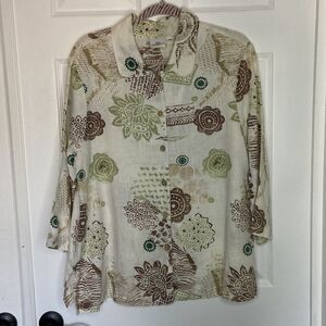 Hot Cotton Lagonlook Linen Summer Floral Top Blouse Jacket 1x Earth Tones Plus